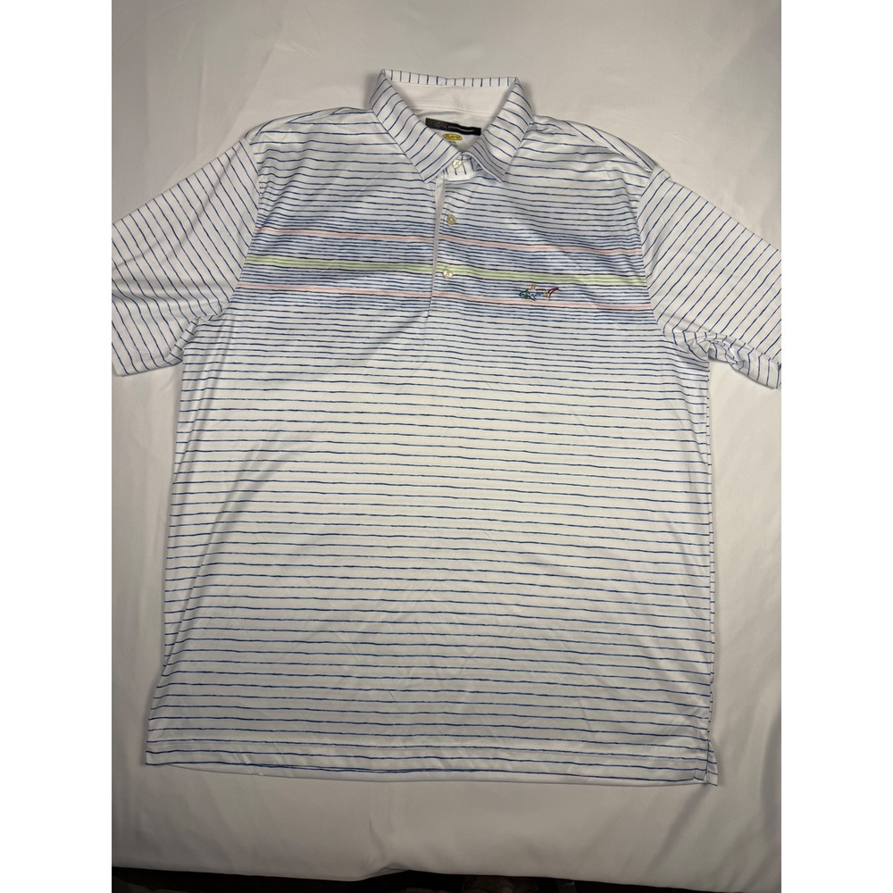 Greg Norman PlayDry‎ Polo Shirt Men XL White Blue Stripe Golf Small Stain